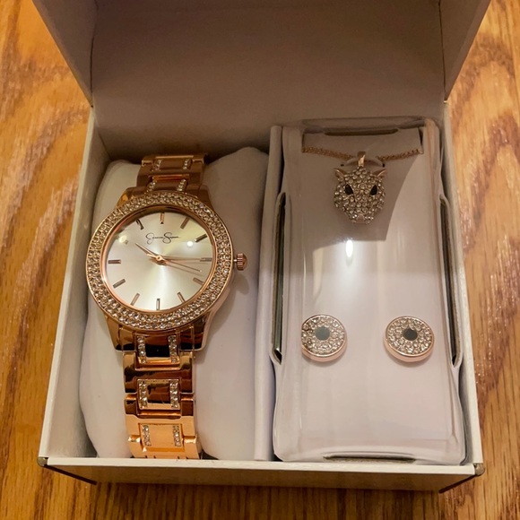 Jessica Simpson Rose Gold Watch/Pendant & Earrings Set - Picture 1 of 5